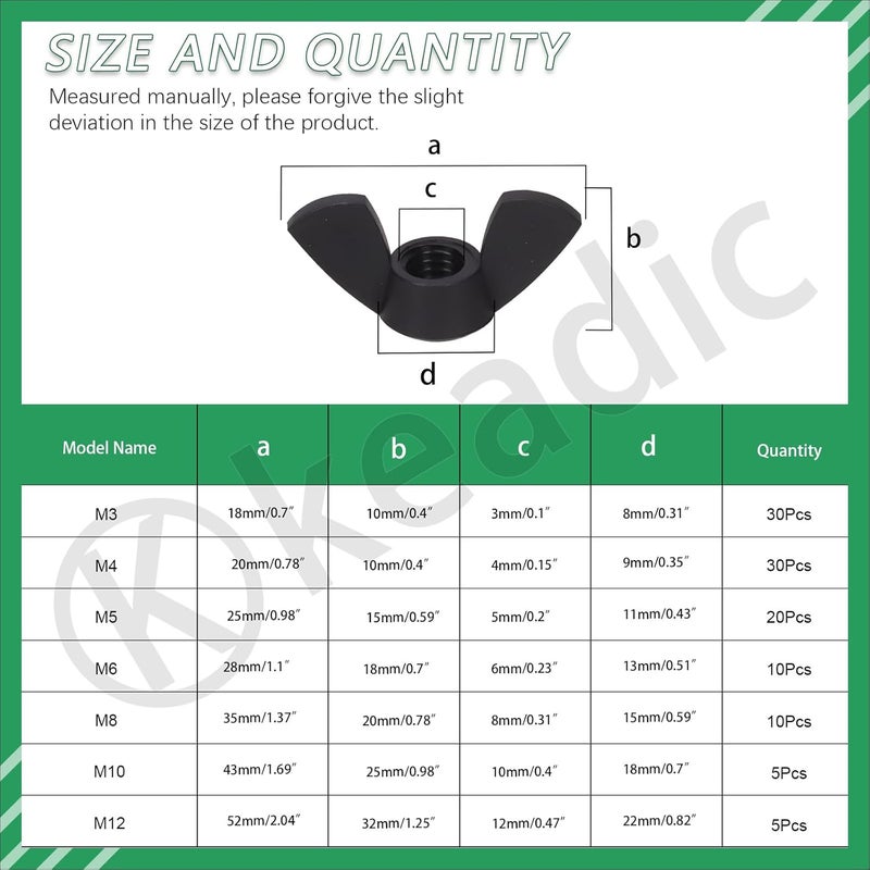 Keadic 110Pcs Nylon Metric Wing Nuts Assortment Set, M3 M4 M5 M6 M8 M10 M12 Hand Twist Tighten Ear Butterfly Nut Wingnuts for Home Building Industry (Black) - Image 2